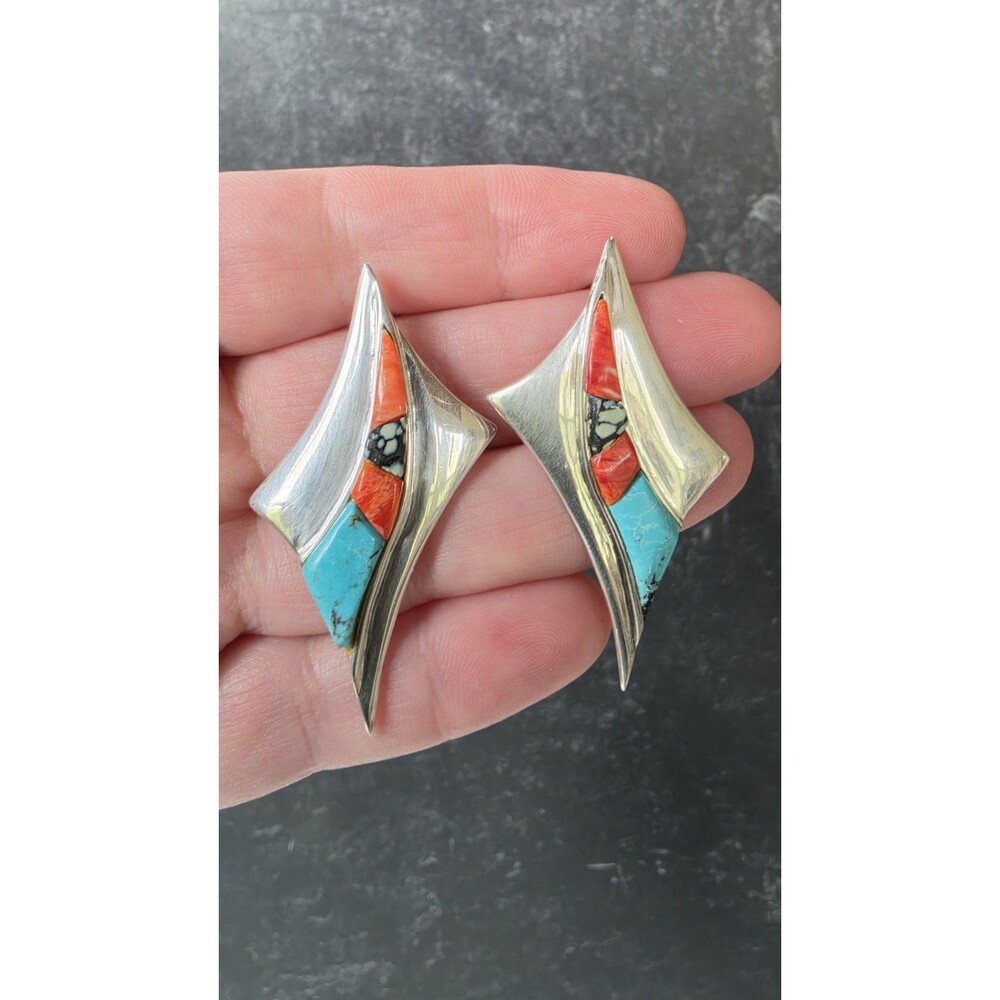 925 Sterling Silver Coral Turquoise Post Earrings Vintage TCA 1986 READ